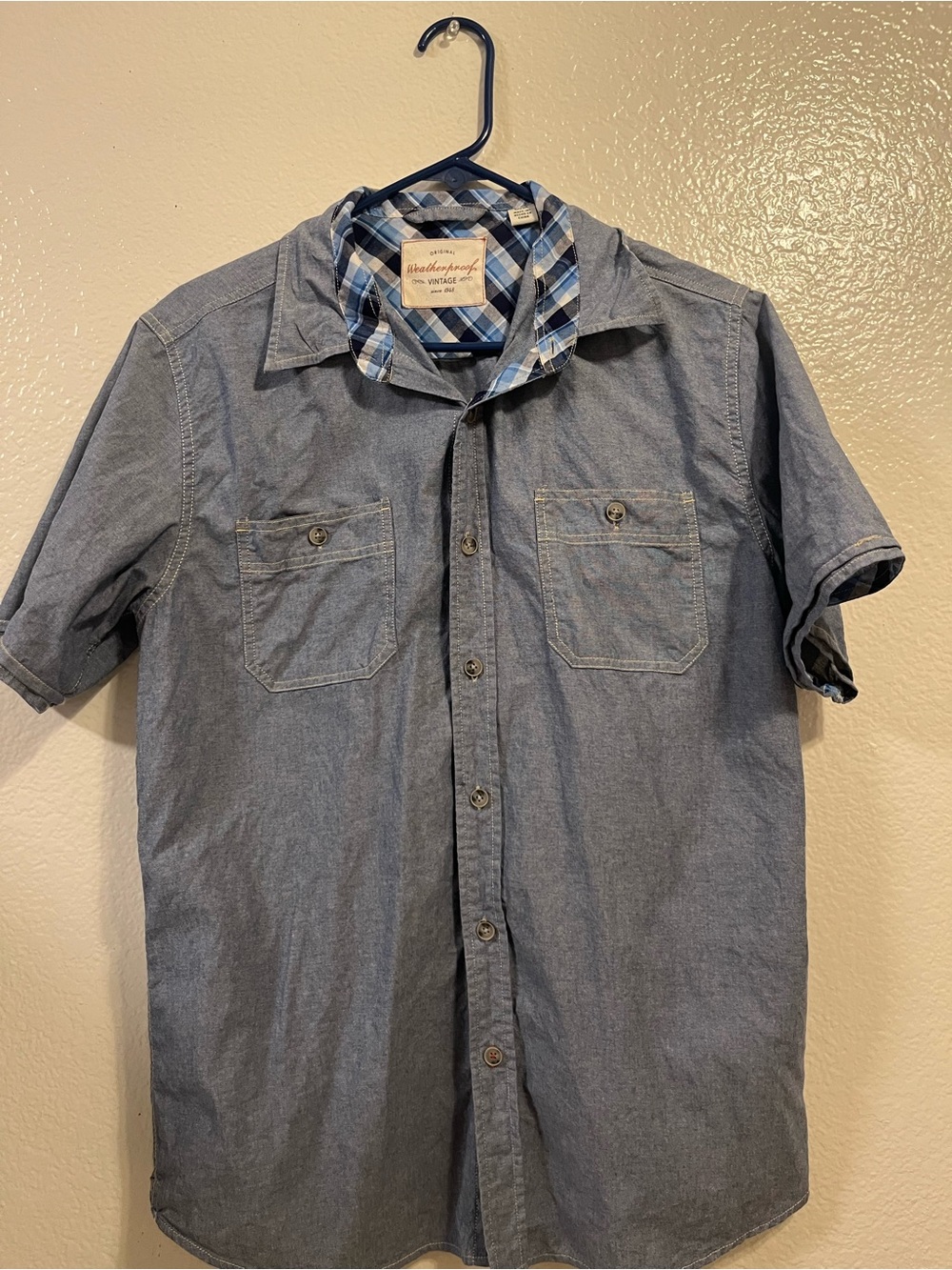 Weatherproof Vintage Short Sleeve Shirt Plaid in Gray & Blue 100% cotton